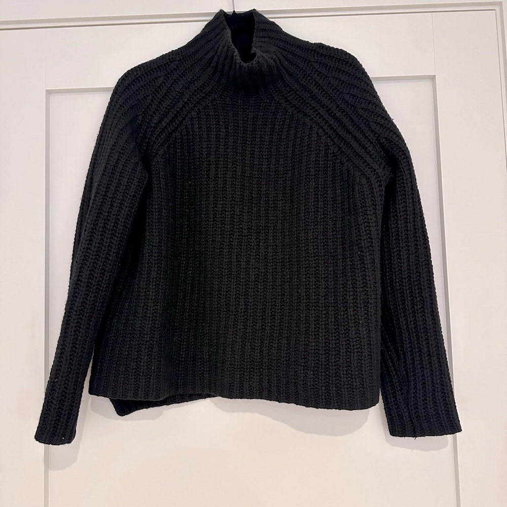 THEORY Mockneck Turtleneck Cashmere Wool & Silk Heavy Knit Ribbed Black Sweater